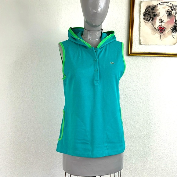 Lacoste Sleeveless Hoodie Piping Pockets Top Logo Patch - Picture 1 of 8